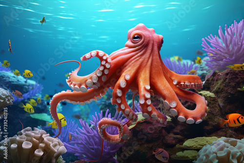 3D illustration of a curious octopus exploring a colorful coral reef, with its tentacles reaching out to touch the vibrant marine life. The octopus should have expressive eyes and iridescent skin