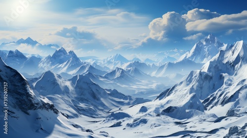 Snow-covered mountain range from the air, peaks and valleys highlighted, conveying the majesty and isolation of mountainous terrain, Photorealistic, d © ProVector