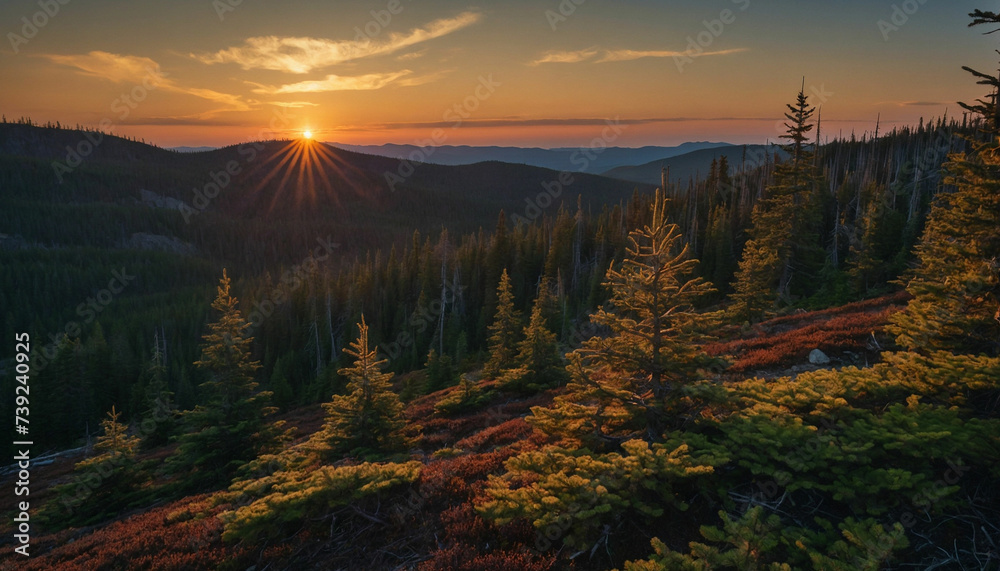 Obraz premium Beauty of dusk settling over the spruce landscape focus on the interplay of shadows and light as the last rays of the sun cast a warm glow on the rugged terrain
