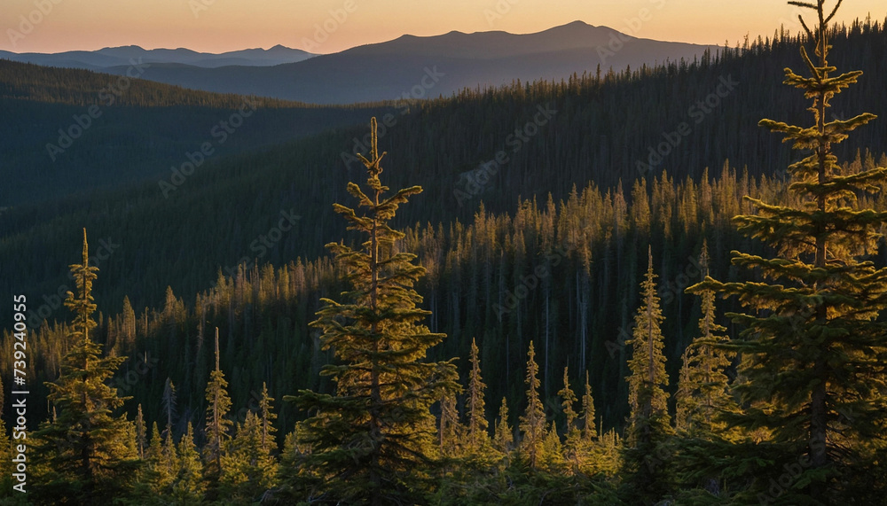 Beauty of dusk settling over the spruce landscape focus on the interplay of shadows and light as the last rays of the sun cast a warm glow on the rugged terrain Beauty of dusk settling over the spruce landscape focus on the interplay of shadows and light as the last rays of the sun cast a warm glow on the rugged terrain