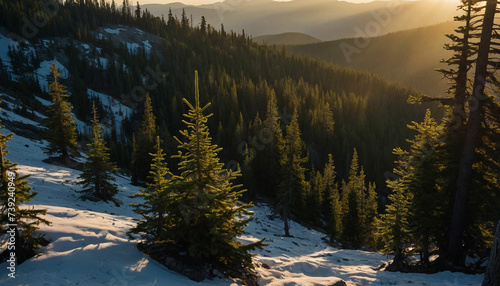 Beauty of dusk settling over the spruce landscape focus on the interplay of shadows and light as the last rays of the sun cast a warm glow on the rugged terrain