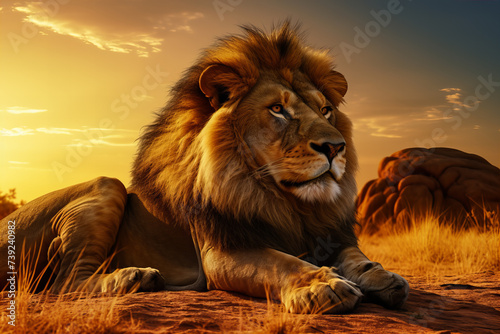 3D scene of a majestic lion basking in the golden rays of the savannah sun © KP