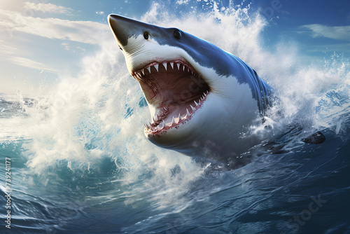 Great white shark swimming in the blue ocean