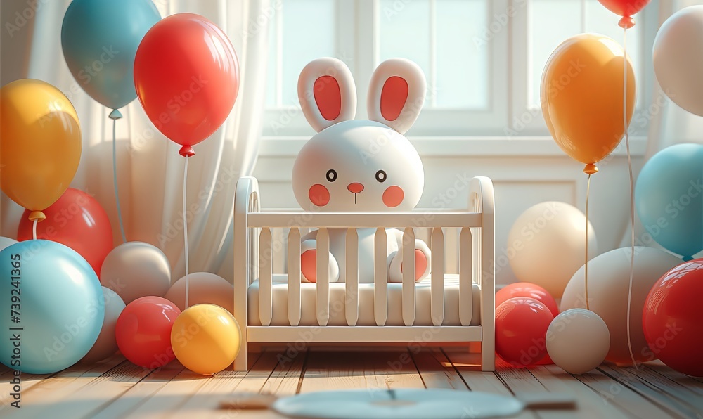 Greeting card, baby crib and congratulation balloons. - obrazy, fototapety, plakaty 
