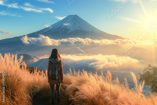 Rear view of traveler woman enjoying beautiful view of Mount Fuji. Travel and holiday concept photo