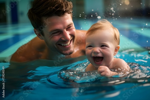 A happy swim coach helps a cute baby learn to swim. Concept Topics  Swim Coaching  Baby Swimming Lessons  Happiness  Water Safety  Child Development