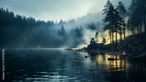 Misty morning at a forest lake, fog hovering over the water, eerie yet beautiful atmosphere, subdued colors, Photography, low light capture with a hig