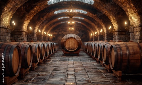 Large barrels in the cellar of the winery.