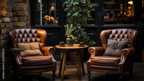 Vintage-inspired cafe interior, eclectic furniture, exposed brick walls, ambient lighting, capturing the charm and character of boutique design, Photo