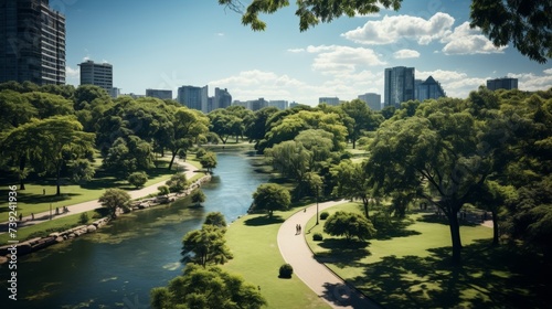 Serene city park with jogging paths, green lawns, and trees, an oasis of calm in the urban landscape, Photography, aerial shot to show the layout and