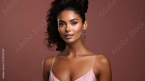 Woman Wearing a Fashionable Dress Shines in a Professional Studio with a Pink Background
