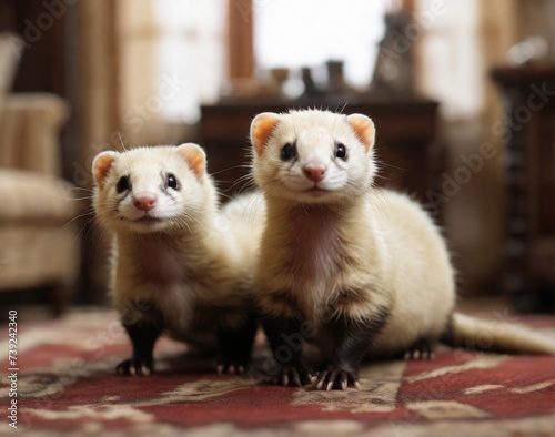 Playful ferrets frolicking together in a carpeted room