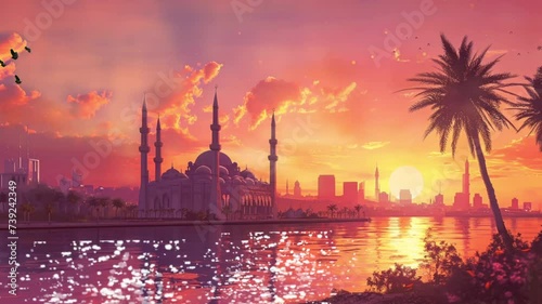 mosque by the waterfront bathed in the warm hues of the setting sun, seamless looping video background animation photo