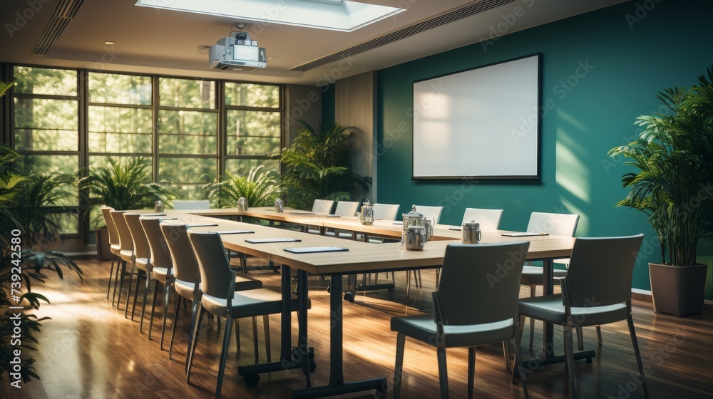 Modern conference room setup for a corporate meeting, projector, chairs, and presentation screen, capturing the professional atmosphere of business ev