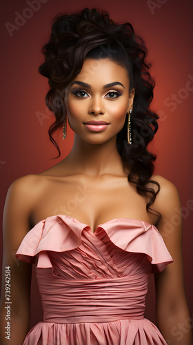 A Stunning Woman Radiates Confidence and Beauty in a Shoulderless Dress.