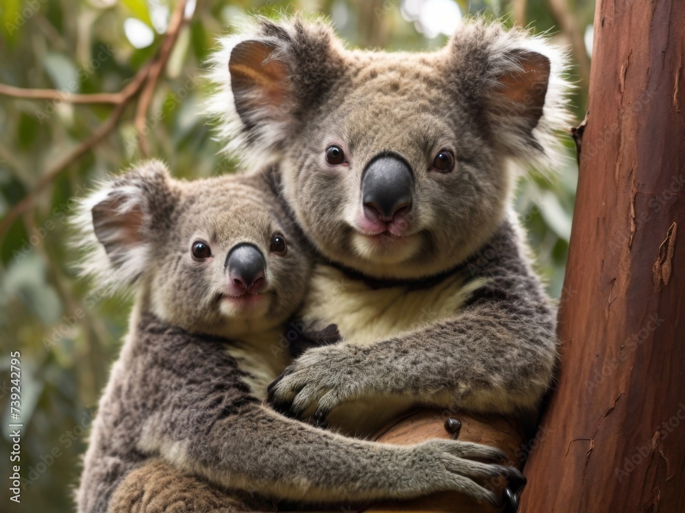 Fototapeta premium Mother koala and her joey as they cling to a eucalyptus tree