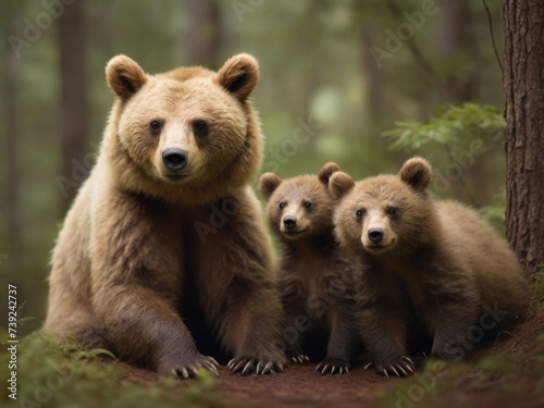 Mother bear and her cubs as they frolic together in a secluded forest glade