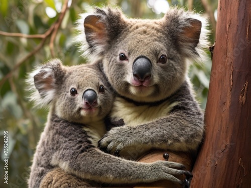 Mother koala and her joey as they cling to a eucalyptus tree