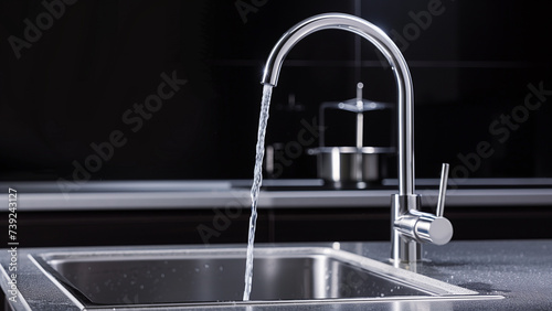 Monochrome Magic: Kitchen Scene with Stainless Steel Tap and Black Background