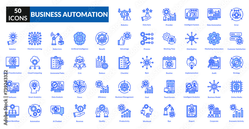 Business Automation Flat icon collection set. includes business, technology, automation, process, management, concept, innovation, system Business Automation Flat icon collection set. includes business, technology, automation, process, management, concept, innovation, system
