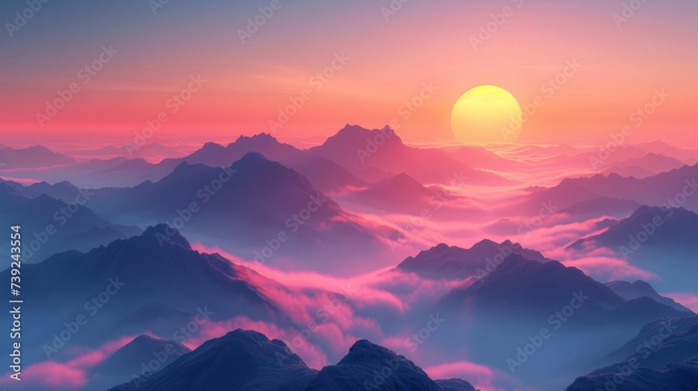tranquil sunrise over a range of mist-covered mountains, the warm glow of the sun painting the sky in shades of orange and pink, the scene embodying t