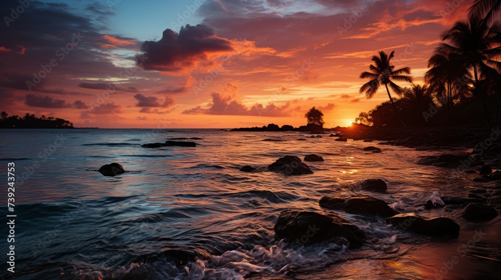 Sunset view from a tropical island, silhouette of palm trees against the colorful sky, peaceful ocean, capturing the tranquil and breathtaking moments