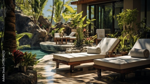 Luxurious spa set in a tropical garden, massage tables and Zen-like decor, focusing on the wellness and rejuvenation aspect of resort vacations, Photo