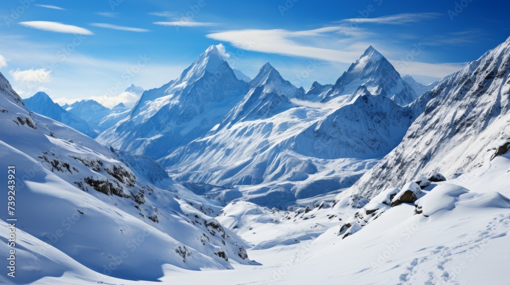 Fototapeta premium Majestic snow-covered mountain range under a clear blue sky, sunlight glinting off the peaks, conveying the grandeur and serenity of winter mountains,