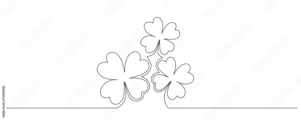 Clovers flower banner for Saint Patrick day - good lucky symbol, single line. Vector stock minimalism illustration isolated on white background for design template invitation frame. Editable stroke. Clovers flower banner for Saint Patrick day - good lucky symbol, single line. Vector stock minimalism illustration isolated on white background for design template invitation frame. Editable stroke.