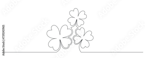 Clovers flower banner for Saint Patrick day - good lucky symbol  single line. Vector stock minimalism illustration isolated on white background for design template invitation frame. Editable stroke.