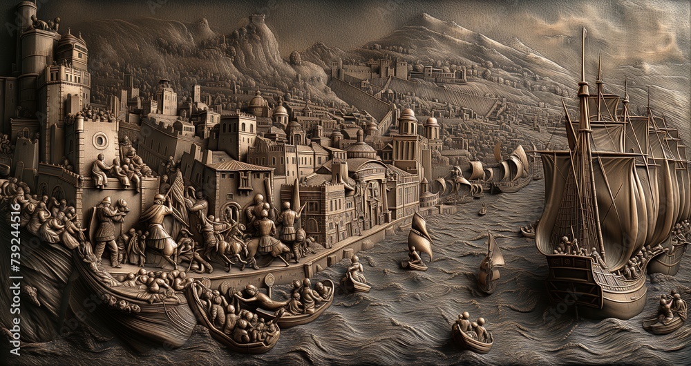 Fototapeta premium Renaissance cityscape with bustling maritime activity