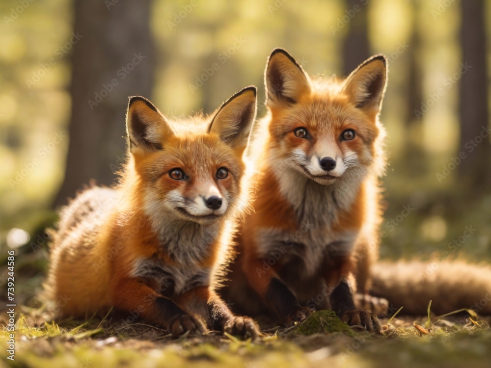 Family of red foxes playing together in a sun-dappled woodland clearing Family of red foxes playing together in a sun-dappled woodland clearing
