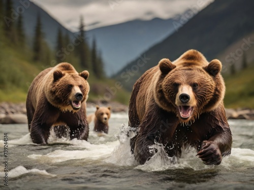 Bears fishing for salmon in a rushing mountain stream