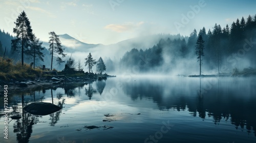 Misty morning at a forest lake, fog hovering over the water, eerie yet beautiful atmosphere, subdued colors, Photography, low light capture with a hig