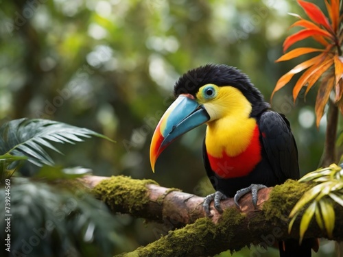 Colorful toucan perched among the vibrant foliage of the Amazon rainforest