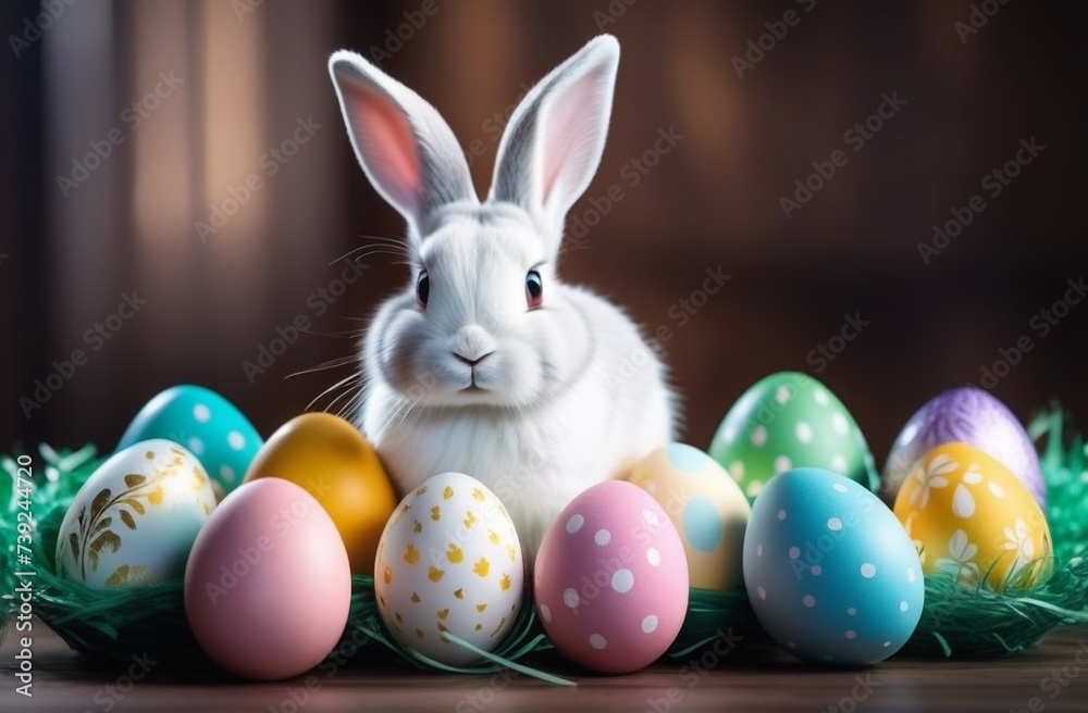Easter cute bunny sitting with colored eggs on wooden background Easter cute bunny sitting with colored eggs on wooden background