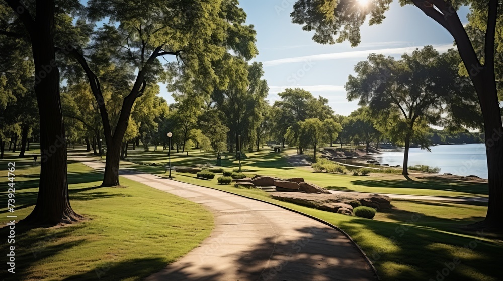 Serene city park with jogging paths, green lawns, and trees, an oasis of calm in the urban landscape, Photography, aerial shot to show the layout and - obrazy, fototapety, plakaty 