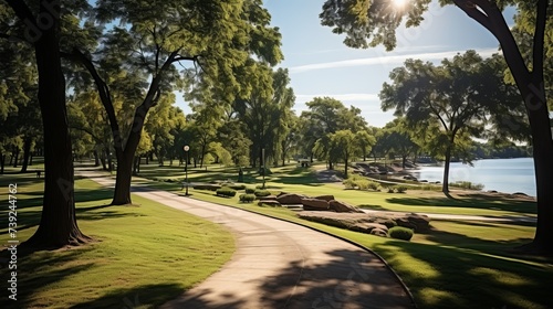 Serene city park with jogging paths, green lawns, and trees, an oasis of calm in the urban landscape, Photography, aerial shot to show the layout and © ProVector