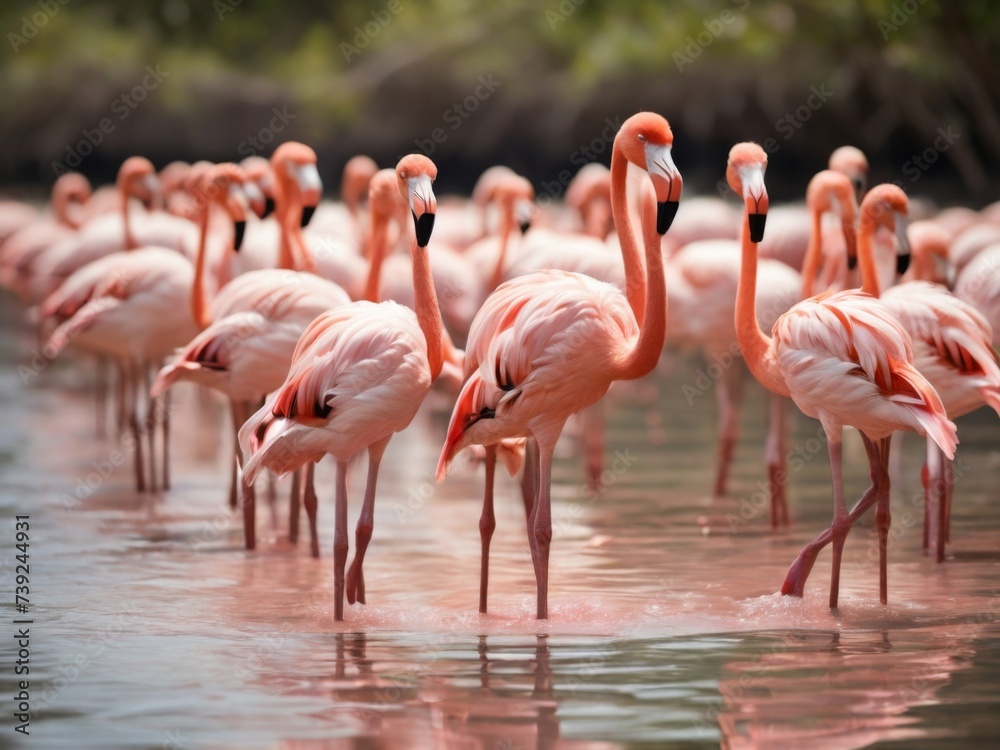 flamingos wading through a shallow lagoon flamingos wading through a shallow lagoon