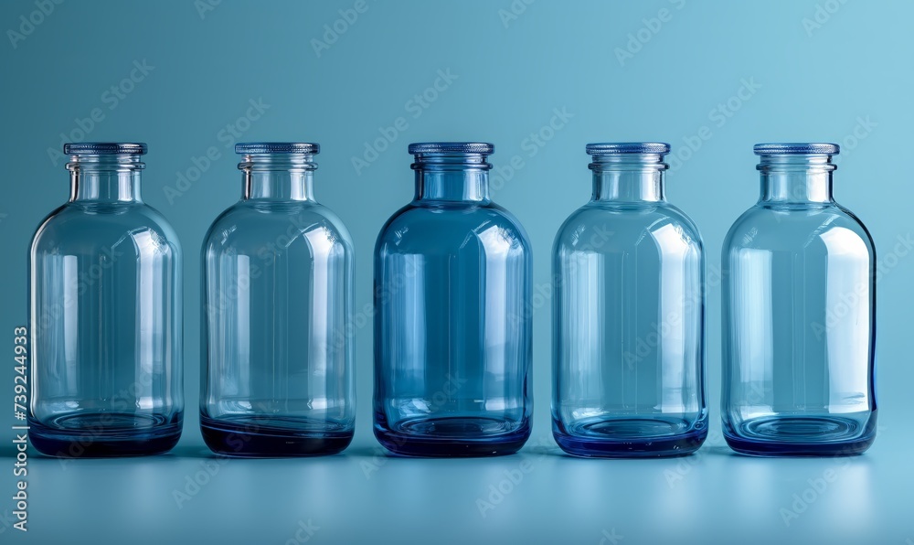 Empty transparent bottles without caps on a blue background.