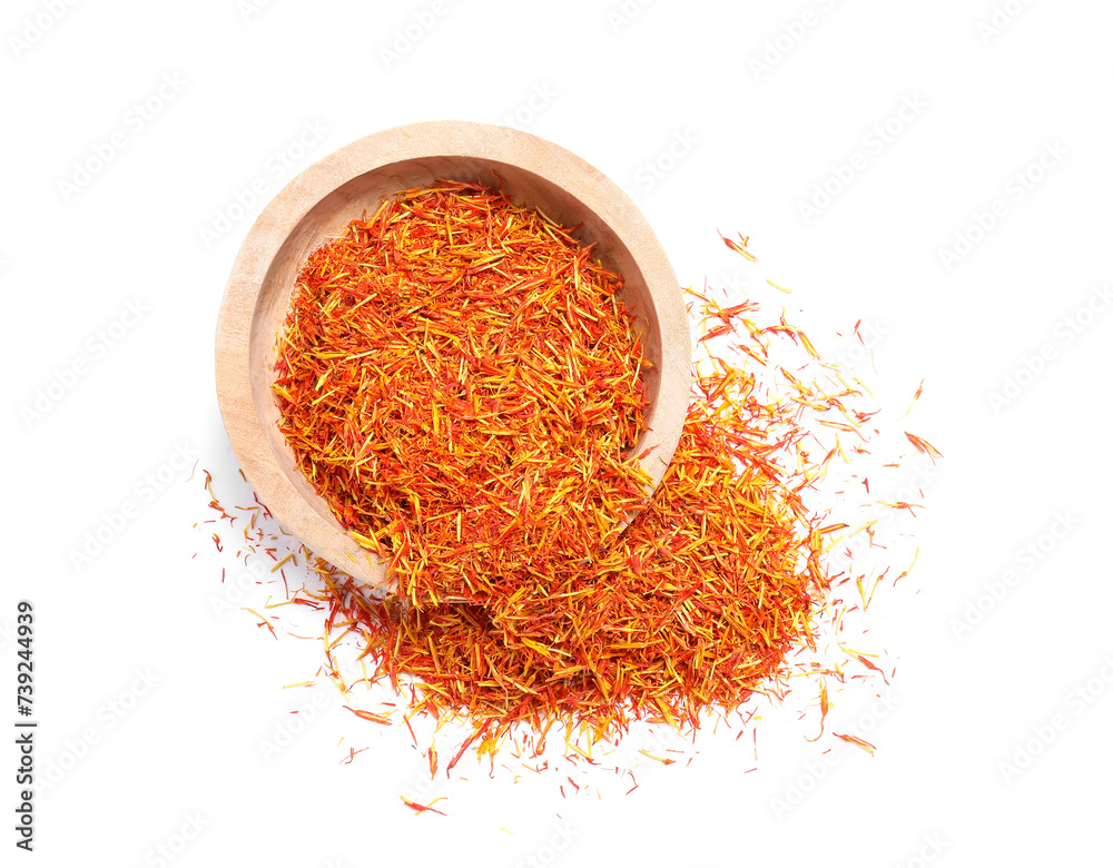 Fototapeta premium Aromatic saffron and bowl isolated on white, top view
