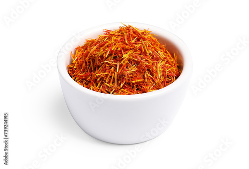 Aromatic saffron in bowl isolated on white