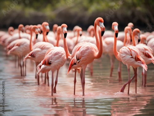  flamingos wading through a shallow lagoon