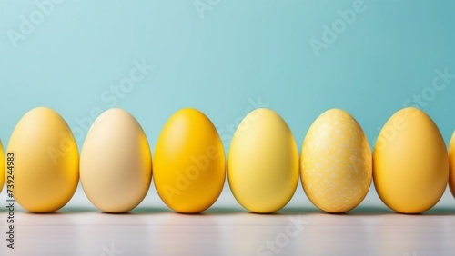 Row of yellow easter eggs on blue background