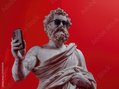 greek god statue smiling, holding iphone 14 pro, wearing cool sunglasses, isolated red background 