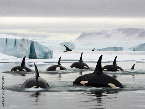Orcas hunting together in the icy waters of the Arctic