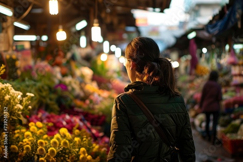 Woman at the flower market.. Rear view of a woman shopping for fresh flowers at a traditional flower market © Tombomumet Studio