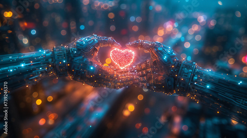 Robotic hands create a heart, symbolizing AI emotion. Glowing lights enhance the futuristic design. This image is perfect for: technology, love, artificial intelligence, innovation, future. © ImaginAI