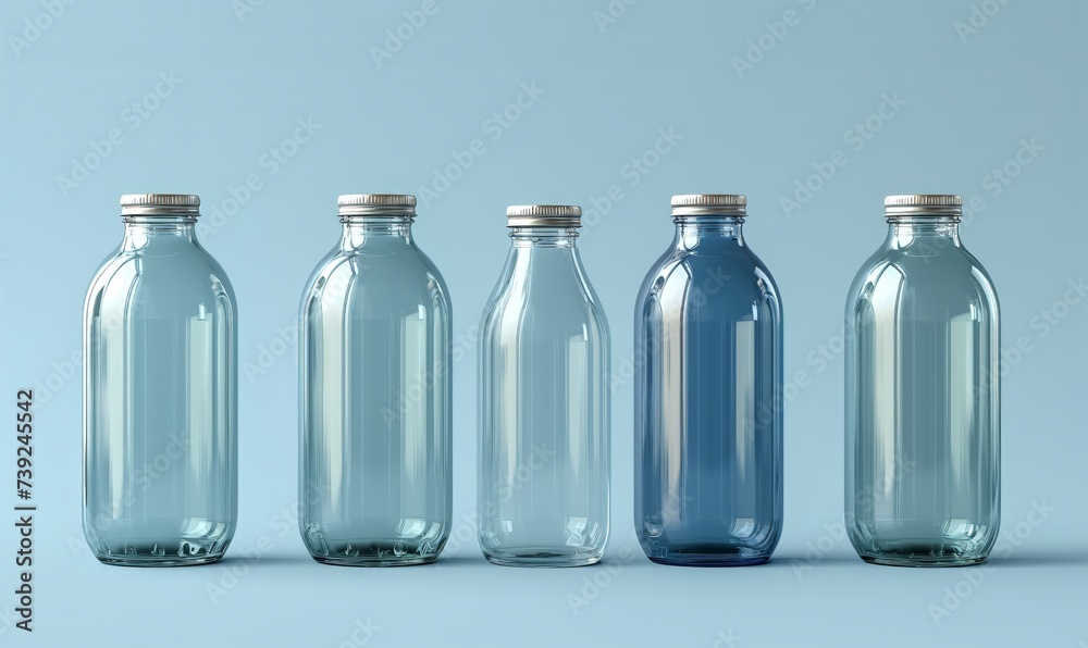 Empty transparent bottles with caps on a blue background. Empty transparent bottles with caps on a blue background.