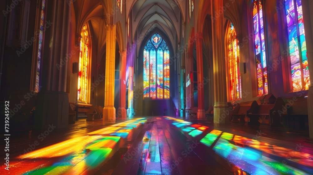 Gothic church with towering lancet windows casting a rainbow prism indoors